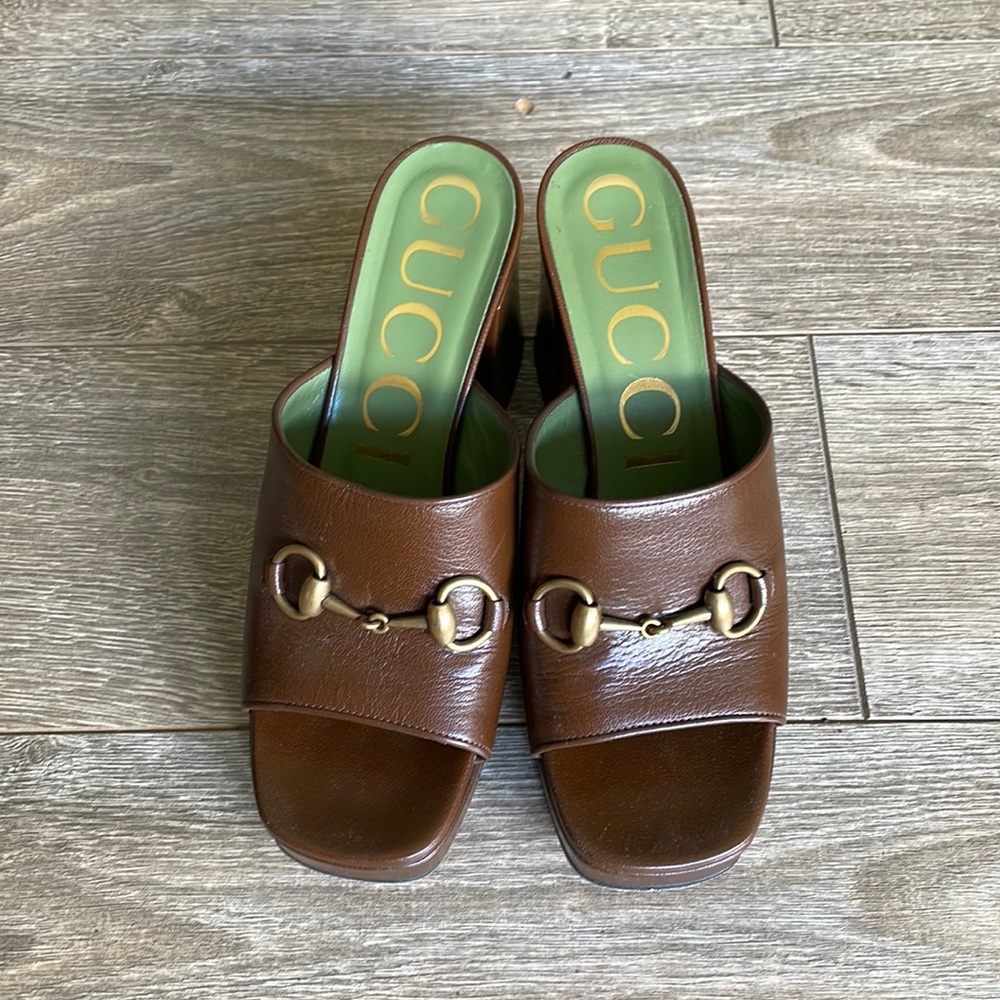 GUCCI Brown Horsebit Platform Slide 37.5